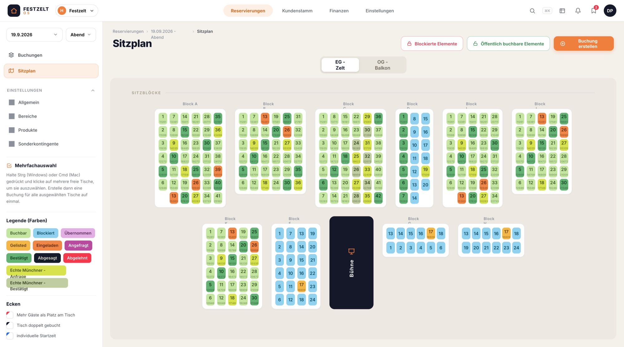 Festzelt OS - interaktiver Sitzplan mit Sitzblöcken, Tischstatus und Buchungslegende