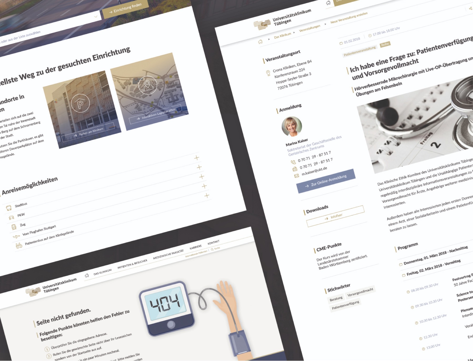 Anfahrt und Lageplan, Veranstaltungsseite und Fehlerseite des neuen Webauftritts