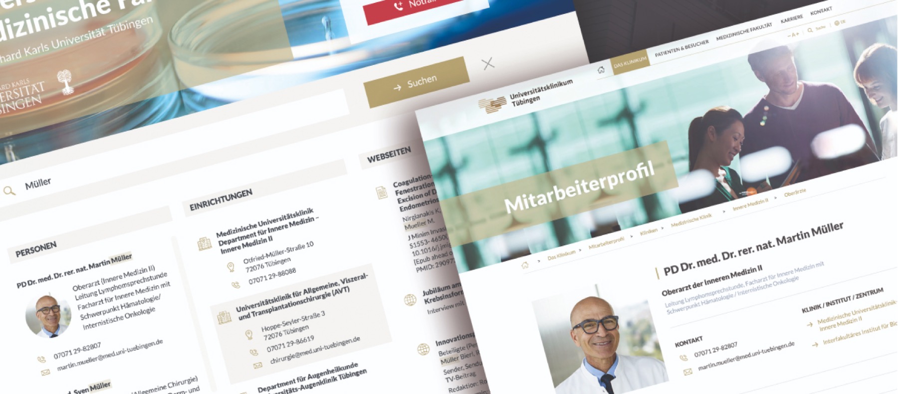 Startseite, Suche und Mitarbeiterprofil