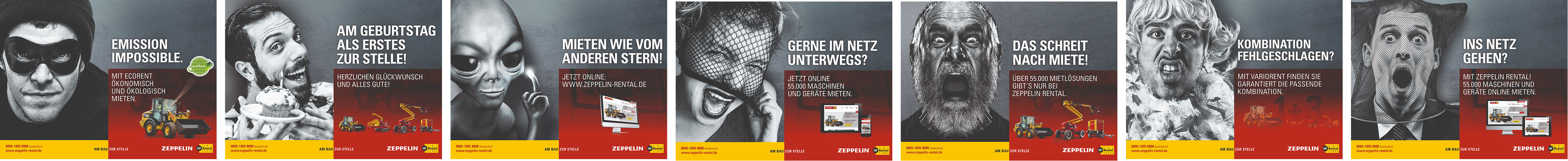 Zeppelin-Postkartenmotive mit markanten Schwarzwei&szlig;-Portr&auml;ts und gelber Markenwelt