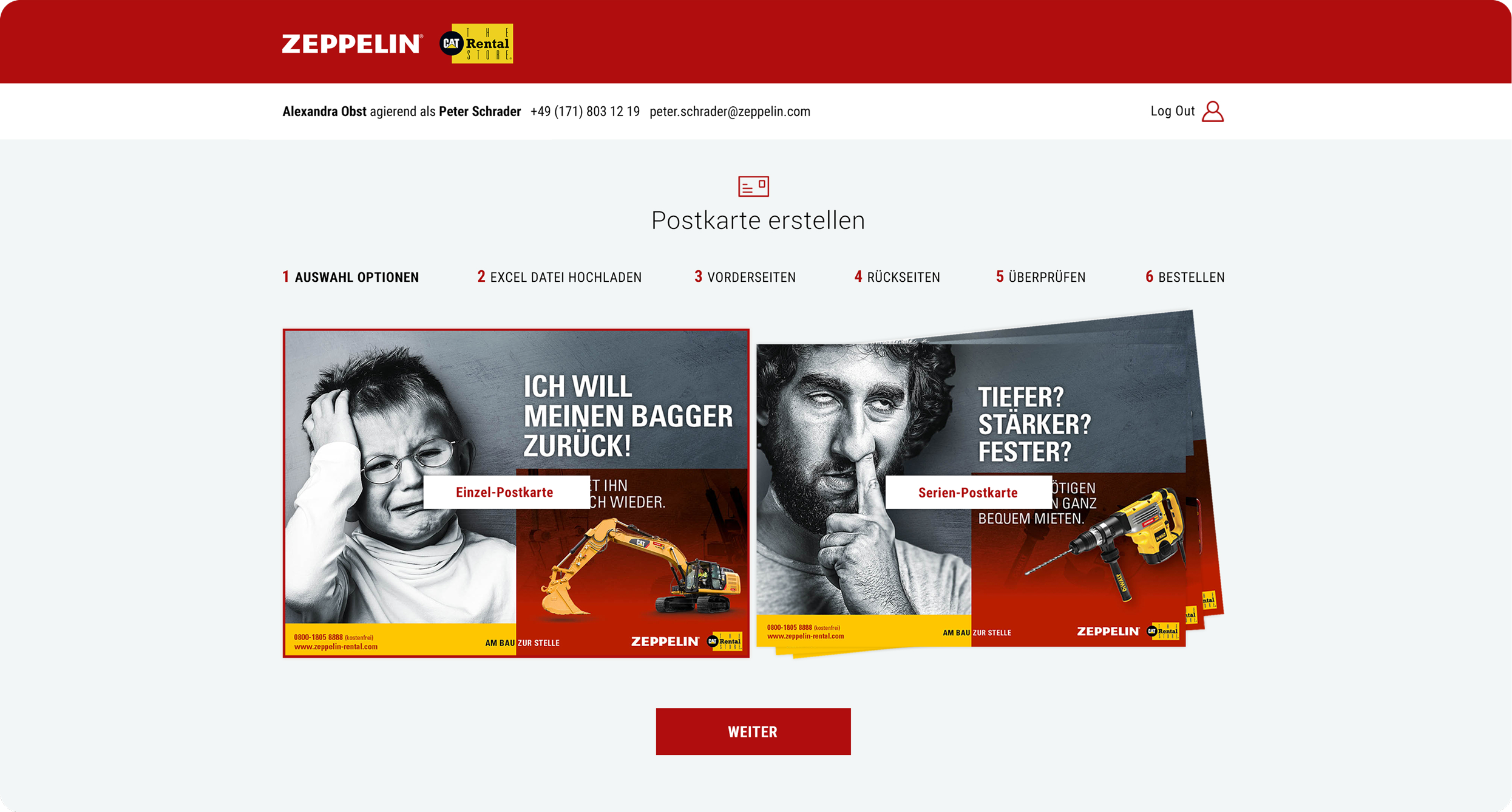 Screenshot des Zeppelin-Postkartenshops mit Editor und Motivauswahl