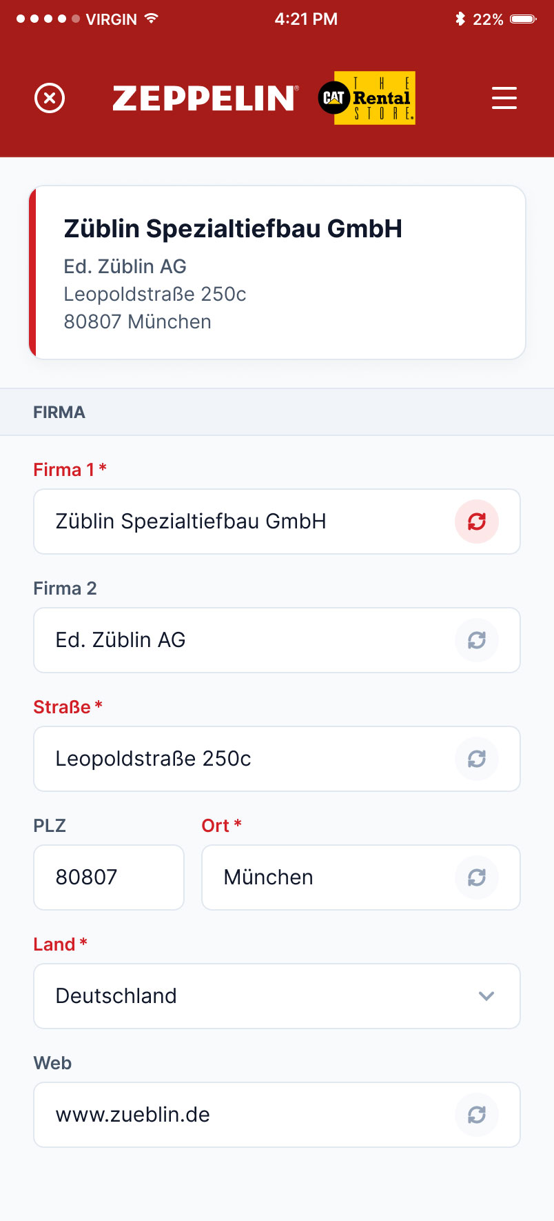 Zeppelin App: automatisch erfasste Kundendaten