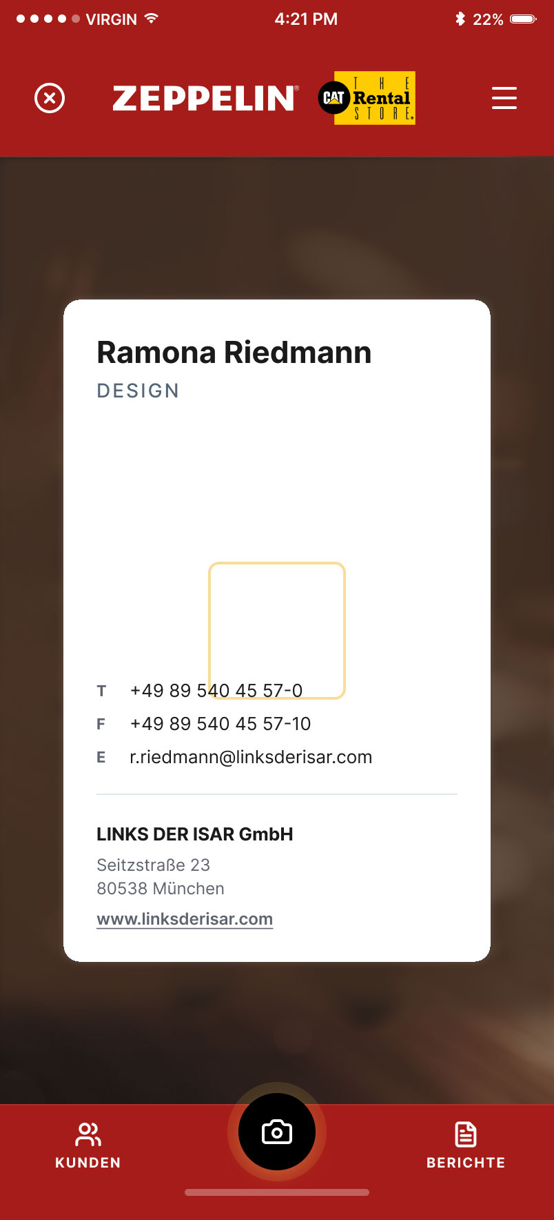 Zeppelin App: Visitenkarten-Scan mit Kamera