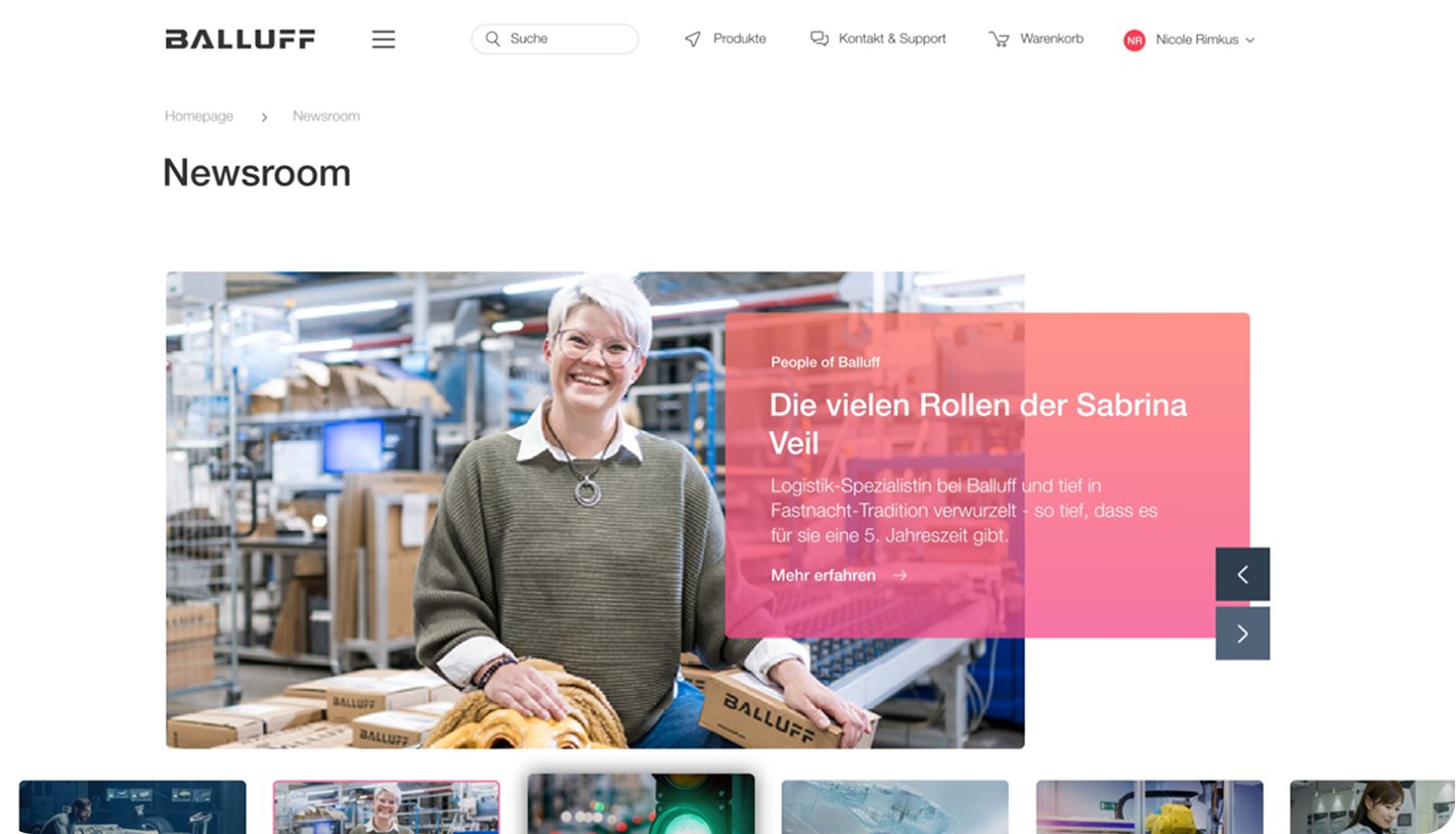 Balluff Newsroom - Startseite mit Magazin-Raster
