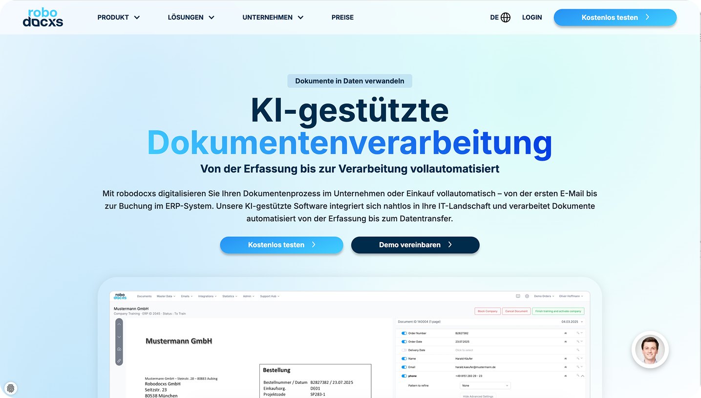 robodocxs - Produktseite zur KI-gestützten Dokumentenverarbeitung